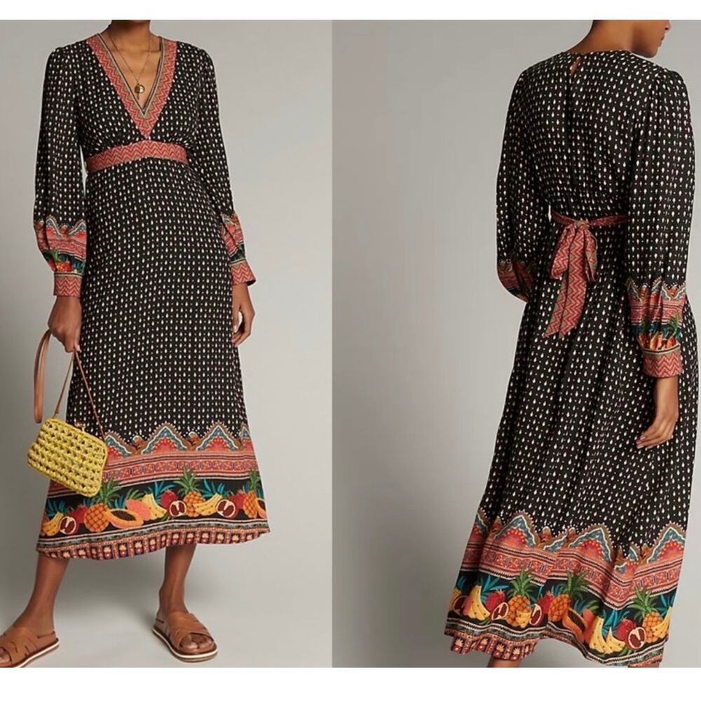 Farm Rio Isobel Tropical Maxi Dress Long Sleeve NWT Anthropologie Size XS